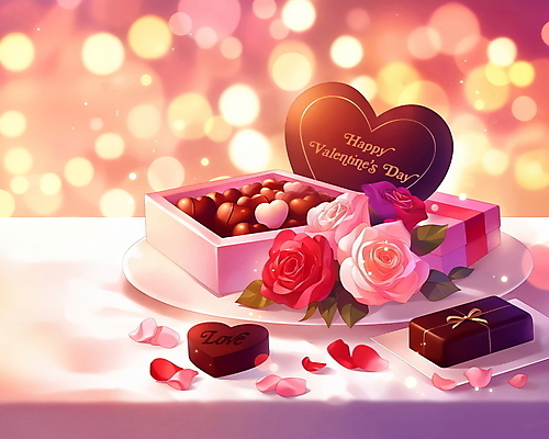 PSD 접시 리본 일러스트 식탁 발렌타인데이 사랑 사람없음 선물상자 빛 장미 초콜릿 로맨틱 하트 분위기 보케 감성 국내일러스트 모양 식기 꽃 감정 컨셉 데이이벤트 탁자 디저트 선물 상자 파일형식