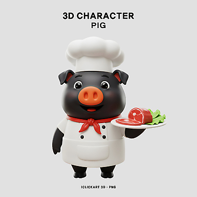 PSD 편집이미지 접시 요리사모자 돼지고기 미소 들기 사람없음 3D 요리사 검은색 스카프 앞치마 상추 흑돼지 편집3D 직업 모자_잡화 식기 컬러 채소 모션 표정 육류 목도리 돼지 디지털합성 파일형식