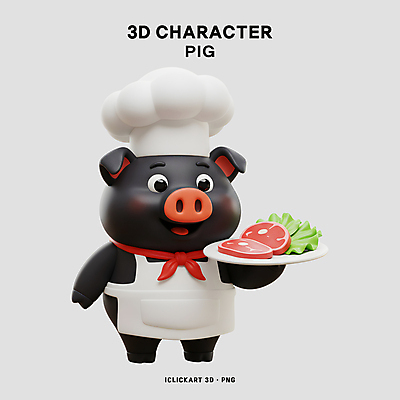PSD 편집이미지 접시 3D캐릭터 요리사모자 돼지고기 미소 들기 사람없음 3D 요리사 검은색 스카프 앞치마 상추 흑돼지 편집3D 직업 캐릭터 모자_잡화 식기 컬러 채소 모션 표정 육류 목도리 돼지 디지털합성 파일형식