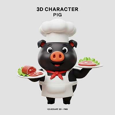 PSD 편집이미지 접시 3D캐릭터 요리사모자 돼지고기 미소 들기 사람없음 3D 요리사 검은색 스카프 앞치마 상추 흑돼지 편집3D 직업 캐릭터 모자_잡화 식기 컬러 채소 모션 표정 육류 목도리 돼지 디지털합성 파일형식
