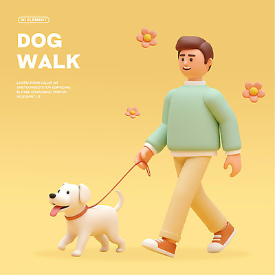전신 PSD 편집이미지 남자 꽃 3D캐릭터 한명 미소 성인 노란색 3D 걷기 산책 잡기 강아지 목줄 성인남자한명만 편집3D 식물 캐릭터 1 컬러 모션 휴식 표정 사람 반려동물 개 디지털합성 남자한명만 성인남자만 파일형식 반려용품