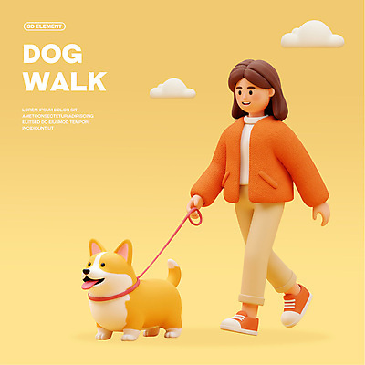 전신 PSD 구름 편집이미지 여자 가방 3D캐릭터 한명 미소 성인 노란색 3D 걷기 산책 잡기 강아지 목줄 성인여자한명만 편집3D 자연요소 캐릭터 1 잡화 컬러 모션 휴식 표정 사람 반려동물 개 디지털합성 여자한명만 성인여자만 파일형식 반려용품