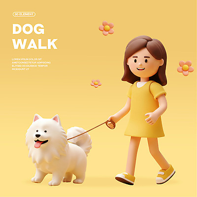 전신 PSD 편집이미지 여자 꽃 어린이 3D캐릭터 한명 미소 소녀 노란색 3D 걷기 산책 잡기 강아지 목줄 소녀한명만 편집3D 식물 캐릭터 1 컬러 모션 휴식 표정 사람 반려동물 개 디지털합성 여자한명만 소녀만 파일형식 반려용품