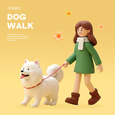 전신 PSD 편집이미지 여자 3D캐릭터 한명 미소 성인 노란색 3D 걷기 목도리 산책 잡기 강아지 목줄 성인여자한명만 편집3D 캐릭터 1 잡화 컬러 모션 휴식 표정 사람 반려동물 개 디지털합성 여자한명만 성인여자만 파일형식 반려용품