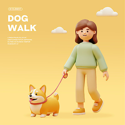 전신 PSD 구름 편집이미지 여자 3D캐릭터 한명 미소 성인 노란색 3D 걷기 산책 잡기 강아지 목줄 성인여자한명만 편집3D 자연요소 캐릭터 1 컬러 모션 휴식 표정 사람 반려동물 개 디지털합성 여자한명만 성인여자만 파일형식 반려용품