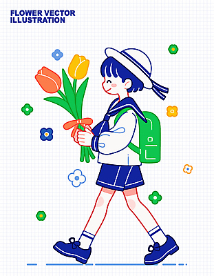 전신 모자 학생 남자 어린이 가방 일러스트 청소년 한명 미소 들기 소년 파란색 걷기 튤립 소년한명만 일러캐릭터 AI파일 캐릭터 1 잡화 꽃 컬러 모션 표정 사람 남자한명만 소년만 파일형식 벡터