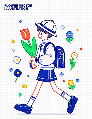 전신 모자 학생 남자 어린이 가방 일러스트 청소년 한명 미소 들기 소년 파란색 반짝임 걷기 튤립 소년한명만 일러캐릭터 AI파일 캐릭터 1 잡화 꽃 컬러 모션 표정 사람 남자한명만 소년만 파일형식 벡터