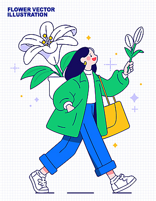 전신 여자 가방 일러스트 한명 미소 들기 성인 초록색 걷기 코트 백합 주머니손 성인여자한명만 일러캐릭터 AI파일 캐릭터 1 잡화 꽃 컬러 모션 표정 사람 외투 여자한명만 성인여자만 파일형식 벡터