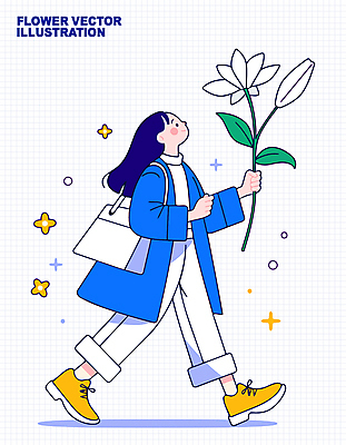 전신 여자 가방 일러스트 한명 미소 성인 파란색 반짝임 걷기 코트 백합 성인여자한명만 일러캐릭터 AI파일 캐릭터 1 잡화 꽃 컬러 모션 표정 사람 외투 여자한명만 성인여자만 파일형식 벡터