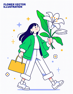 전신 여자 꽃 가방 일러스트 한명 미소 들기 성인 초록색 반짝임 걷기 코트 백합 성인여자한명만 일러캐릭터 AI파일 식물 캐릭터 1 잡화 컬러 모션 표정 사람 외투 여자한명만 성인여자만 파일형식 벡터