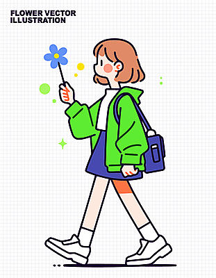 전신 학생 여자 꽃 가방 일러스트 청소년 한명 들기 초록색 반짝임 걷기 십대여자한명만 일러캐릭터 AI파일 식물 캐릭터 1 잡화 컬러 모션 사람 여자한명만 십대여자만 파일형식 벡터