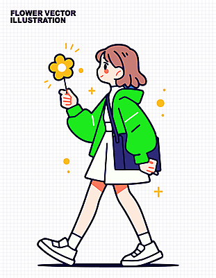 전신 학생 여자 꽃 가방 일러스트 청소년 한명 미소 들기 초록색 반짝임 걷기 십대여자한명만 일러캐릭터 AI파일 식물 캐릭터 1 잡화 컬러 모션 표정 사람 여자한명만 십대여자만 파일형식 벡터