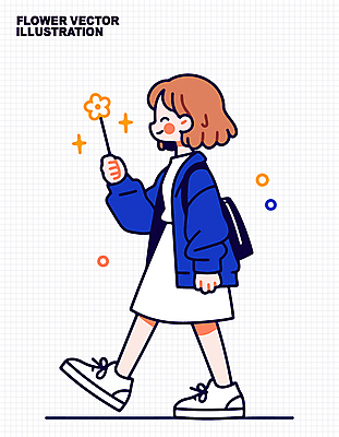 전신 학생 여자 꽃 가방 일러스트 청소년 한명 미소 들기 파란색 반짝임 걷기 십대여자한명만 일러캐릭터 AI파일 식물 캐릭터 1 잡화 컬러 모션 표정 사람 여자한명만 십대여자만 파일형식 벡터