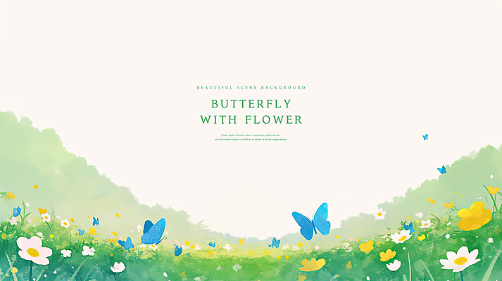 PSD 꽃 나비 백그라운드 일러스트 자연 수채화 잔디 사람없음 봄풍경 풀 감성 국내일러스트 식물 곤충 컨셉 풍경 봄 생태계 파일형식