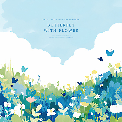 PSD 구름 꽃 나비 백그라운드 일러스트 자연 하늘 수채화 사람없음 봄풍경 풀 감성 국내일러스트 자연요소 식물 곤충 컨셉 풍경 봄 생태계 파일형식