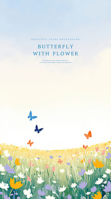 PSD 꽃 나비 백그라운드 일러스트 자연 하늘 수채화 잔디 사람없음 노을 봄풍경 풀 감성 국내일러스트 자연요소 식물 곤충 컨셉 풍경 봄 생태계 파일형식