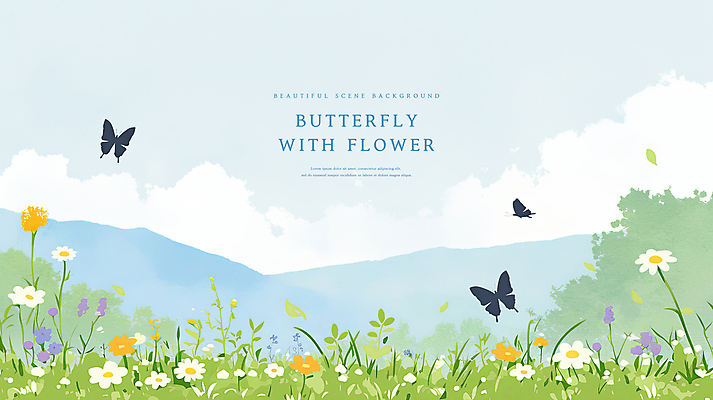 PSD 나무 구름 꽃 나비 백그라운드 일러스트 자연 하늘 수채화 산 잔디 사람없음 봄풍경 풀 감성 국내일러스트 자연요소 식물 곤충 컨셉 풍경 봄 생태계 파일형식