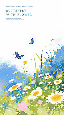 PSD 꽃 나비 백그라운드 일러스트 자연 수채화 사람없음 봄풍경 풀 감성 국내일러스트 식물 곤충 컨셉 풍경 봄 생태계 파일형식