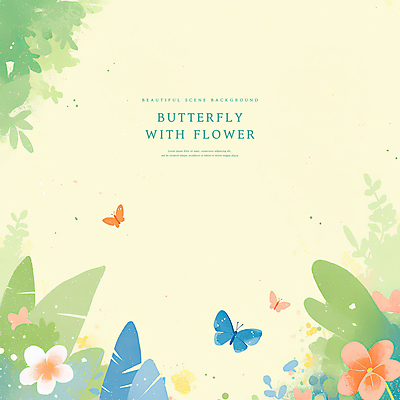PSD 꽃 나비 백그라운드 잎 일러스트 자연 수채화 사람없음 봄풍경 풀 감성 국내일러스트 식물 곤충 컨셉 풍경 봄 생태계 파일형식