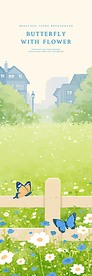 PSD 꽃 나비 백그라운드 가로등 일러스트 자연 수채화 잔디 사람없음 건물 울타리 봄풍경 풀 감성 국내일러스트 식물 건축물 공공시설 곤충 컨셉 풍경 담장 봄 생태계 파일형식
