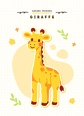 꽃 동물캐릭터 스티커 잎 일러스트 미소 사람없음 노란색 귀여움 기린 사파리 오브젝트 일러캐릭터 AI파일 식물 동물 캐릭터 컬러 컨셉 포유류 표정 파일형식 벡터