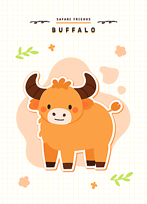 꽃 동물캐릭터 스티커 잎 일러스트 미소 사람없음 귀여움 주황색 사파리 오브젝트 황소 일러캐릭터 AI파일 식물 동물 캐릭터 컬러 컨셉 표정 소 파일형식 벡터