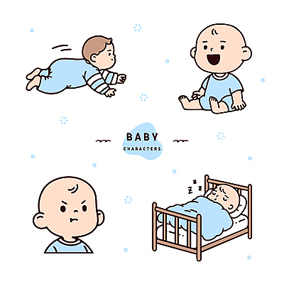전신 얼굴 하늘색 일러스트 베개 미소 웃음 앉기 여러명 상반신 귀여움 이불 짜증 아기 잠 기어가기 아기침대 아기만 일러캐릭터 AI파일 캐릭터 감정 다수 컨셉 침구 모션 표정 사람 신체부위 파란색 아기용품 침대 파일형식 벡터
