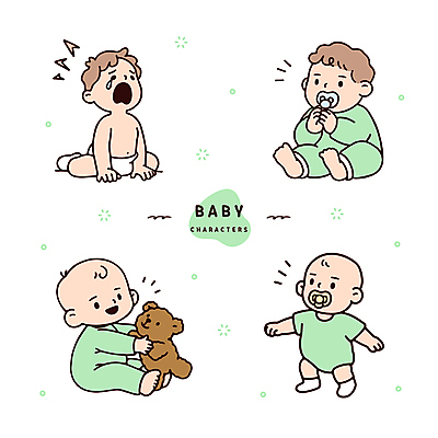 전신 일러스트 앉기 여러명 연두색 귀여움 곰인형 아기 울음 노리개젖꼭지 눈물 기저귀 걸음마 아기만 일러캐릭터 AI파일 캐릭터 감정 인형 다수 컨셉 모션 표정 사람 초록색 아기용품 파일형식 벡터