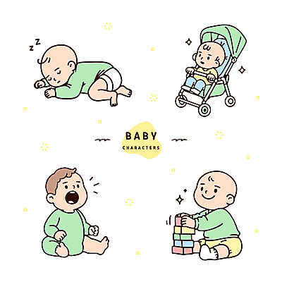 전신 엎드리기 일러스트 앉기 여러명 연두색 반짝임 귀여움 아기 잠 승차 유모차 놀기 블록쌓기 아기만 일러캐릭터 AI파일 캐릭터 다수 컨셉 모션 사람 초록색 쌓기 블록 아기용품 파일형식 벡터