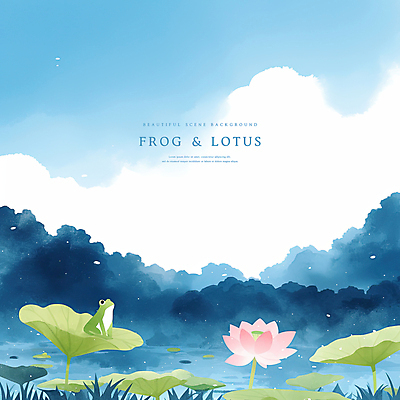 PSD 나무 구름 일러스트 자연 하늘 연꽃 개구리 풍경 사람없음 물 파란색 연못 연잎 감성 경칩 국내일러스트 자연요소 식물 꽃 컬러 컨셉 잎 양서류 절기 생태계 파일형식