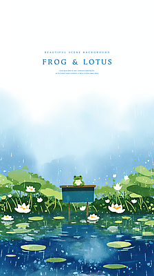 PSD 일러스트 자연 연꽃 개구리 풍경 사람없음 물 파란색 연못 비 연잎 감성 경칩 국내일러스트 자연요소 꽃 컬러 컨셉 잎 날씨 양서류 절기 생태계 파일형식