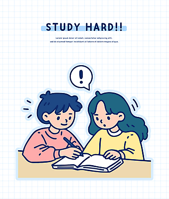 학생 여자 남자 말풍선 일러스트 청소년 상반신 두명 책 연필 펜 느낌표 책상 열공 십대만 국내일러스트 AI파일 기호 가구 학용품 사람 학습 필기구 파일형식 벡터