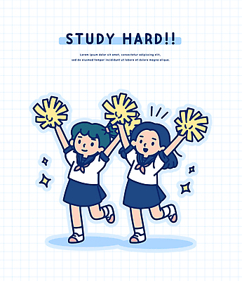 전신 학생 여자 교복 일러스트 청소년 들기 두명 반짝임 만세 치어리더 응원수술 다리들기 열공 십대여자만 치어리딩 국내일러스트 AI파일 옷 응원 모션 사람 학습 응원용품 여자만 십대만 파일형식 벡터