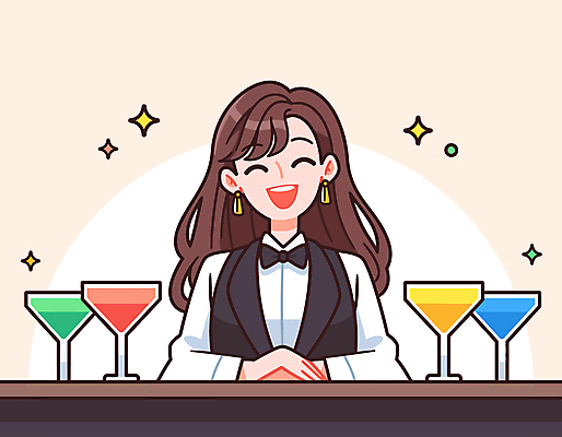 여자 일러스트 나비넥타이 친절 직업캐릭터 한명 미소 성인 반짝임 바 술집 칵테일잔 바텐더 손모으기 성인여자한명만 국내일러스트 일러캐릭터 AI파일 직업 캐릭터 1 술잔 모션 넥타이 표정 사람 손짓 여자한명만 성인여자만 파일형식 벡터