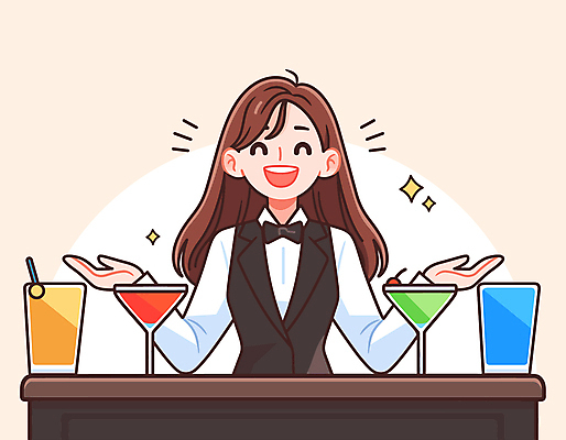 여자 일러스트 팔벌리기 나비넥타이 친절 직업캐릭터 한명 미소 성인 반짝임 바 술집 칵테일잔 바텐더 환영 성인여자한명만 국내일러스트 일러캐릭터 AI파일 직업 캐릭터 1 술잔 모션 넥타이 표정 사람 여자한명만 성인여자만 파일형식 벡터