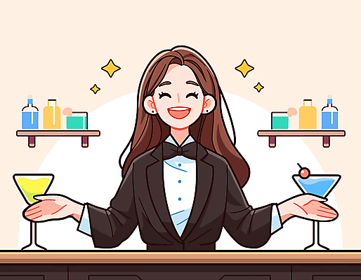 여자 일러스트 팔벌리기 나비넥타이 술병 친절 선반 직업캐릭터 한명 미소 성인 반짝임 바 술집 칵테일잔 바텐더 환영 성인여자한명만 국내일러스트 일러캐릭터 AI파일 직업 캐릭터 1 가구 술잔 모션 넥타이 병_용기 주류 표정 사람 여자한명만 성인여자만 파일형식 벡터