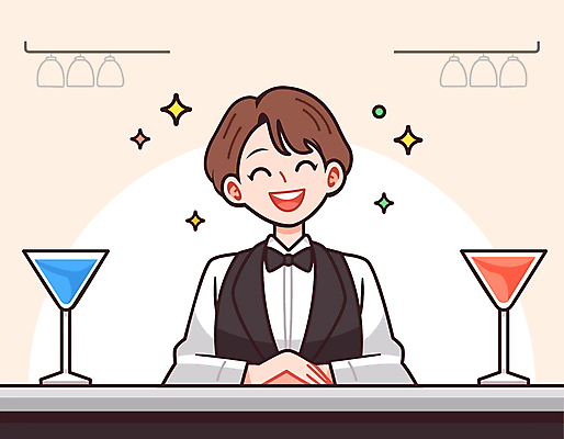 여자 와인잔 일러스트 나비넥타이 친절 직업캐릭터 한명 미소 성인 반짝임 바 술집 칵테일잔 바텐더 손모으기 성인여자한명만 국내일러스트 일러캐릭터 AI파일 직업 캐릭터 1 술잔 모션 넥타이 표정 사람 손짓 여자한명만 성인여자만 파일형식 벡터