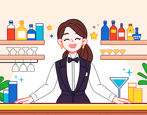 여자 별 와인잔 일러스트 나비넥타이 술병 친절 선반 직업캐릭터 한명 미소 성인 반짝임 바 술집 칵테일잔 바텐더 손짚기 성인여자한명만 국내일러스트 일러캐릭터 AI파일 자연요소 직업 캐릭터 1 가구 술잔 모션 넥타이 병_용기 주류 표정 사람 손짓 여자한명만 성인여자만 파일형식 벡터