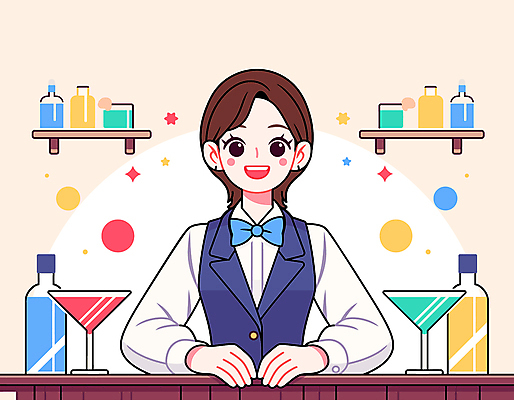 여자 일러스트 나비넥타이 술병 친절 선반 직업캐릭터 한명 미소 성인 반짝임 바 원형 술집 칵테일잔 바텐더 성인여자한명만 국내일러스트 일러캐릭터 AI파일 도형 직업 캐릭터 1 가구 술잔 모션 넥타이 병_용기 주류 표정 사람 여자한명만 성인여자만 파일형식 벡터