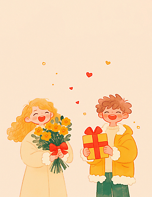 JPG 커플 여자 남자 행복 리본 어린이 꽃다발 겨울 일러스트 화이트데이 발렌타인데이 사랑 미소 소녀 소년 두명 선물상자 노란색 하트 어린이만 국내일러스트 AI일러스트 AI콘텐츠 모양 계절 꽃 감정 컬러 관계 데이이벤트 표정 선물 사람 상자 파일형식