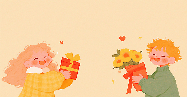 JPG 커플 여자 남자 행복 어린이 꽃다발 겨울 일러스트 화이트데이 발렌타인데이 사랑 미소 소녀 소년 상반신 두명 선물상자 노란색 하트 어린이만 국내일러스트 AI일러스트 AI콘텐츠 모양 계절 꽃 감정 컬러 관계 데이이벤트 표정 선물 사람 상자 파일형식