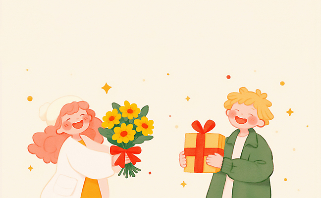 JPG 커플 여자 남자 행복 리본 어린이 꽃다발 겨울 일러스트 화이트데이 발렌타인데이 사랑 미소 소녀 소년 상반신 두명 선물상자 반짝임 노란색 주기 어린이만 국내일러스트 AI일러스트 AI콘텐츠 계절 꽃 감정 컬러 관계 모션 데이이벤트 표정 선물 사람 상자 파일형식