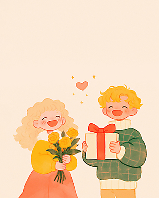 JPG 커플 여자 남자 행복 어린이 꽃다발 겨울 일러스트 화이트데이 발렌타인데이 사랑 미소 소녀 소년 두명 선물상자 노란색 하트 어린이만 국내일러스트 AI일러스트 AI콘텐츠 모양 계절 꽃 감정 컬러 관계 데이이벤트 표정 선물 사람 상자 파일형식