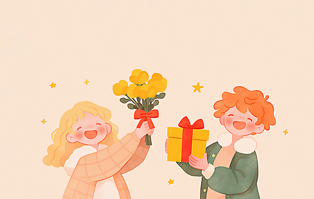 JPG 커플 여자 남자 행복 별 어린이 꽃다발 겨울 일러스트 화이트데이 발렌타인데이 사랑 미소 소녀 소년 상반신 두명 선물상자 노란색 어린이만 국내일러스트 AI일러스트 AI콘텐츠 자연요소 계절 꽃 감정 컬러 관계 데이이벤트 표정 선물 사람 상자 파일형식