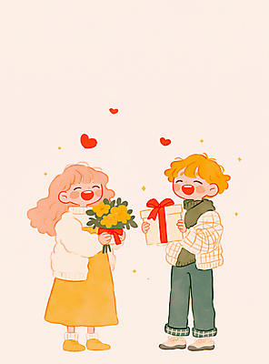 JPG 전신 커플 여자 남자 행복 어린이 꽃다발 겨울 일러스트 화이트데이 발렌타인데이 사랑 미소 소녀 소년 두명 선물상자 노란색 하트 어린이만 국내일러스트 AI일러스트 AI콘텐츠 모양 계절 꽃 감정 컬러 관계 데이이벤트 표정 선물 사람 상자 파일형식
