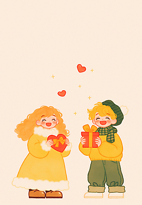 JPG 전신 커플 여자 남자 행복 어린이 겨울 일러스트 화이트데이 발렌타인데이 사랑 미소 소녀 소년 두명 선물상자 노란색 하트 하트상자 어린이만 국내일러스트 AI일러스트 AI콘텐츠 모양 계절 감정 컬러 관계 데이이벤트 표정 선물 사람 상자 파일형식
