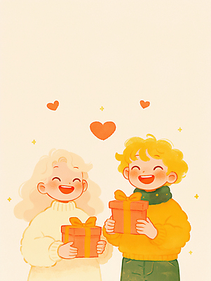 JPG 커플 여자 남자 행복 어린이 겨울 일러스트 화이트데이 발렌타인데이 사랑 미소 소녀 소년 상반신 두명 선물상자 노란색 하트 어린이만 국내일러스트 AI일러스트 AI콘텐츠 모양 계절 감정 컬러 관계 데이이벤트 표정 선물 사람 상자 파일형식