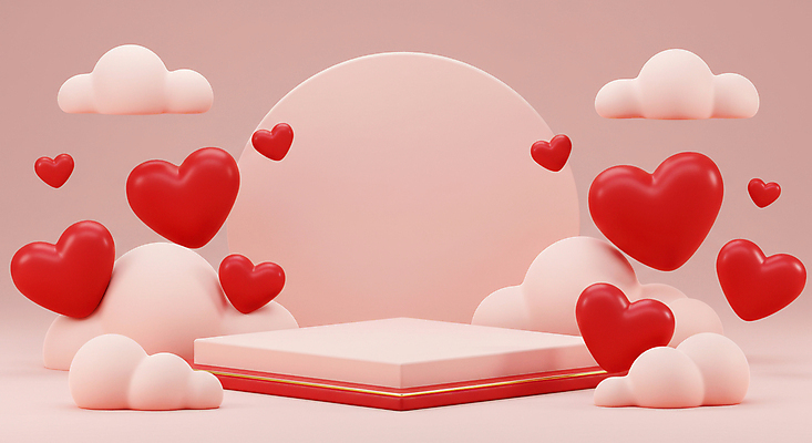 JPG 구름 편집이미지 분홍색 화이트데이 발렌타인데이 사랑 사람없음 3D 사각형 하트 구조물 단상 포디움 편집3D AI컴퓨터그래픽 AI콘텐츠 자연요소 모양 도형 건축 감정 컬러 데이이벤트 무대 디지털합성 파일형식