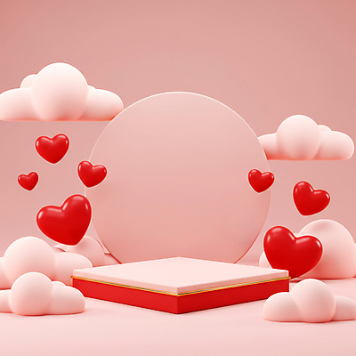 JPG 구름 편집이미지 분홍색 화이트데이 발렌타인데이 사랑 사람없음 3D 사각형 하트 구조물 단상 포디움 편집3D AI컴퓨터그래픽 AI콘텐츠 자연요소 모양 도형 건축 감정 컬러 데이이벤트 무대 디지털합성 파일형식