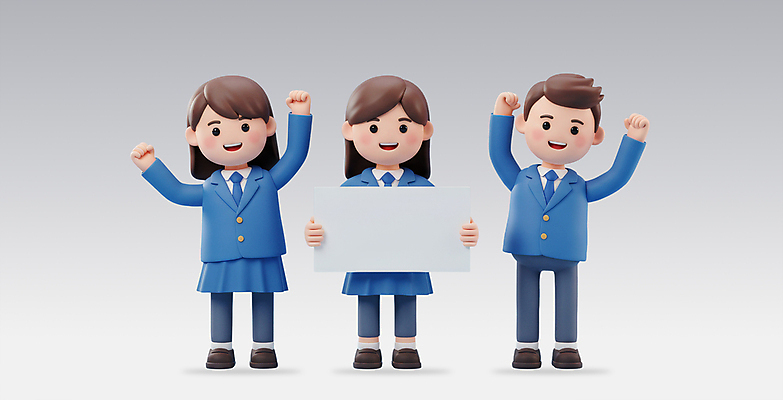 전신 PSD 편집이미지 학생 여자 남자 교복 청소년 3D캐릭터 미소 들기 세명 친구 3D 파이팅 팻말 십대만 카피스페이스 편집3D 캐릭터 옷 관계 모션 프레임 표정 사람 공백 디지털합성 파일형식